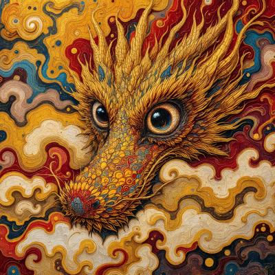 The primary subject of the image is a dragon, which is the main object, scene, or focus of the image. The dragon is depicted in a vibrant and colorful manner, with a mix of yellow, orange, and red hues. The dragon is surrounded by a cloudy background, which adds to the overall atmosphere of the image. The visual style of the image is a combination of digital art and illustration, creating a unique and eye-catching piece of art.